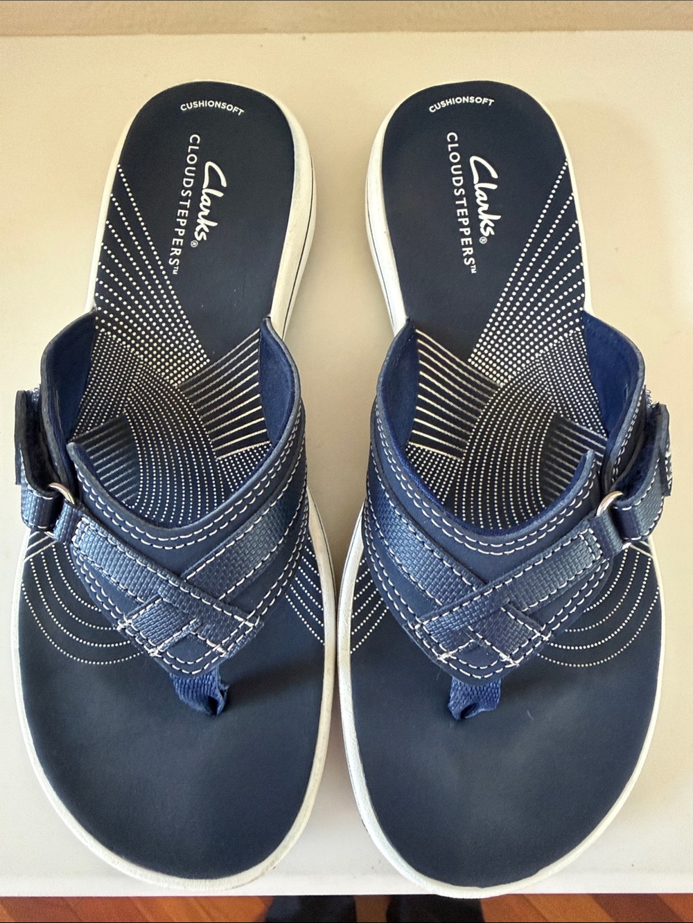 Clarks Navy Blue White-Trim Thong Sandals - Picture 10 of 10